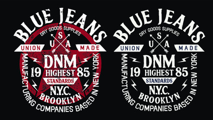 Vector illustration on the theme of denim, raw and jeans in New York City. Vintage design. Grunge background. Typography, t-shirt graphics, print, poster, banner, flyer, postcard.