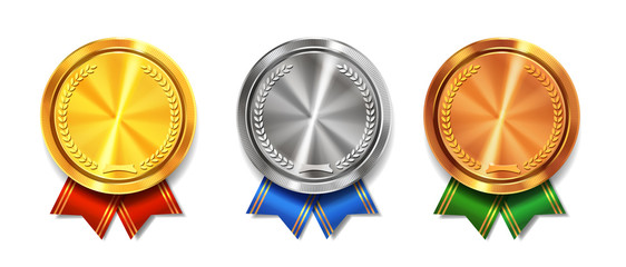Gold, silver and bronze medals realistic set with ribbons. Winner awards symbols