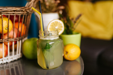Close up of refreshing lemonade on the table