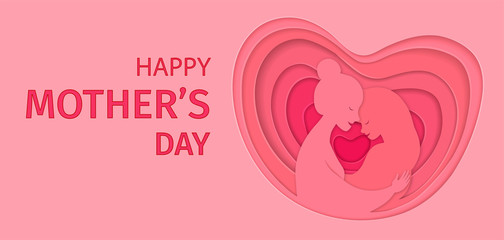 Greeting card Happy Mother's Day. Abstract paper cut silhouettes of woman and child, holiday background. Vector illustration paper art.