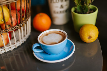 Close up of espresso coffee with foam on the table