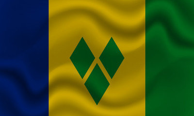 national flag of Saint Vincent and the Grenadines on wavy cotton fabric. Realistic vector illustration.