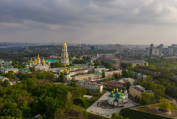 Aerial view of Kiev Pechersk Lavra illuminated by the sunset rays of the sun, Kyiv, Ukraine