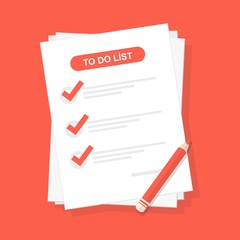 To do list or check list.  Paper sheets with mark icon. Isolated vector illustration on color background.