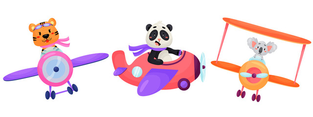 Set of cute animal on planes. Kids transport. Funny pilots. Tiger, panda, koala. Vector illustration