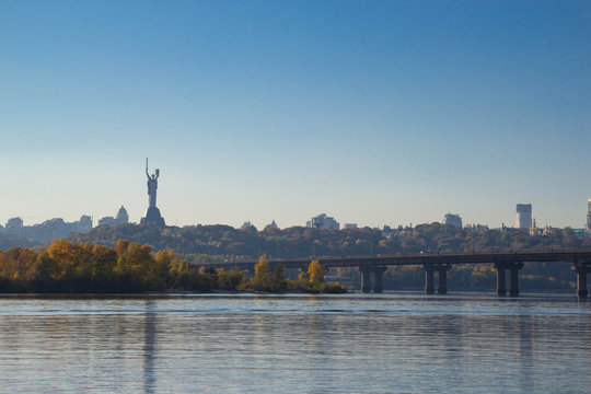 view towards the right bank of Dnieper river From Dniprovska Embankment, Kyiv, Ukraine