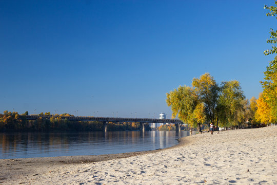 view of bereznyaky beach in a sunny autumn day, Kyiv, Ukraine