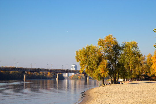 view towards the right bank of Dnieper river From Dniprovska Embankment, Kyiv, Ukraine