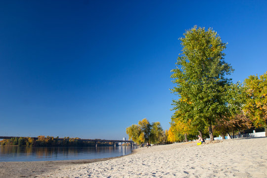 view of bereznyaky beach in a sunny autumn day, Kyiv Ukraine