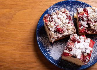 yeast strawberry cake, covered with powder sugar, 