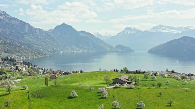 Panorama of the Alps mountains.Klewenalp. Switzerland. Canton of Lucerne. Joy of reviving blossoming nature. Spring meadows with wild flowers. Aerial view. Shooting from a drone.