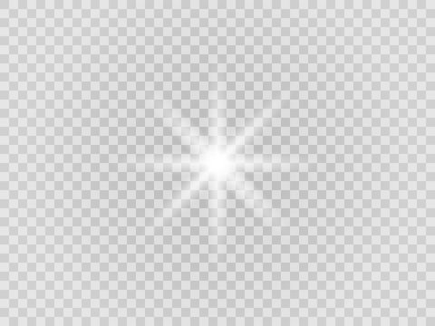 Vector png glowing light effect. Shine, glare, flare, flash illustration. White star on transparent 