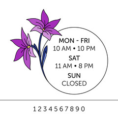 Business hours for cafe. Sticker with purple lilies on the window