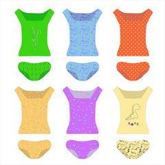 A set of underwear. T-shirts and panties of different colors. Cartoon clothes. Bright patterns on multi-colored clothes knitwear or pajamas isolated for children and adults. Vector illustration.