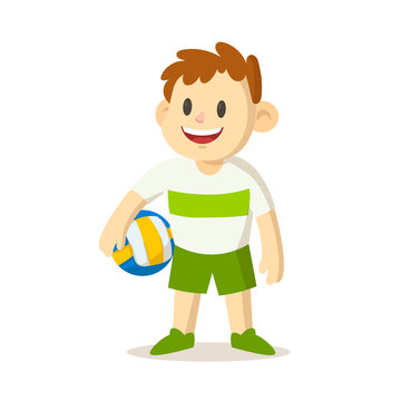 Happy smiling boy holding a volleyball. Cartoon character. Sport and fitness. Colorful cartoon flat vector illustration. Isolated on white background.