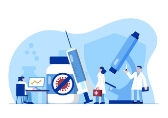 Covid-19 Cure Medical Research in Laboratory Concept Flat Style Vector Design Illustration