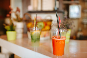 Close up of refreshing  juice on the table at cafe