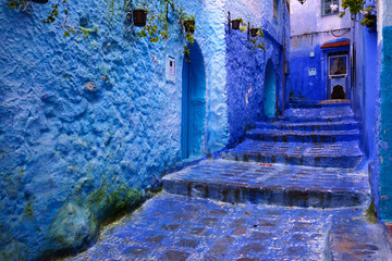 Traditional moroccan architectural details and narrow streets in Chefchaouen, Morocco, Africa