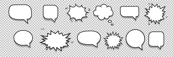 Empty retro speech bubbles with black drop shadow. Pop art style  speech bubble for comics and cartoons. Vector illustration isolated on transparent background.