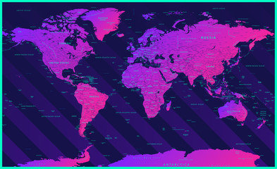 World Map Political - Bright Color Neon Modern Gradient - Vector Detailed Illustration