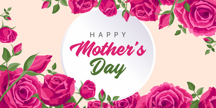 Happy mother's day greetings. Vector greeting card for social media, online stores, poster, banner. Text of happy mother's day banner. Vignette of beautiful roses, and flower buds on pink background.