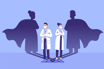 Doctors standing confidently and superhero shadow appears behind on the wall. Fighting against coronavirus pandemic. Epidemic. Saving life medical concept. Strong. Courage. Brave. Vector illustration