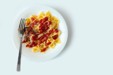 Shot on a white background. No isolation. White plate in it pasta and a piece of meat and a fork.