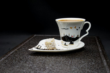 traditional Turkish coffee with Turkish delight. heart shaped saucers and traditional Turkish...