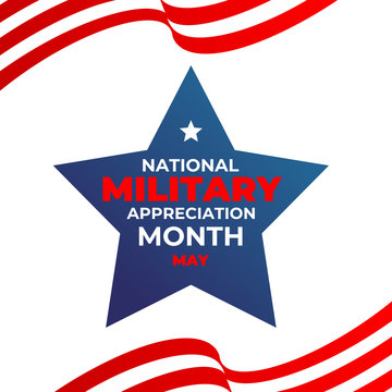 National military Appreciation Month. Vector square insta banner, poster, card for social networks, media with the text: National military Appreciation Month. Wavy US flag on a white background.