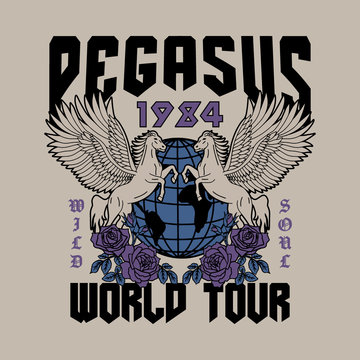 Pegasus with Globe and Rose Illustrations Rock Band Statement Artwork For Apparel and Other Uses