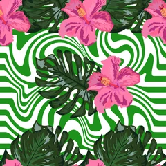  Seamless pattern with tropical orchid and hibiscus flowers, palm, monstera leaves on striped background. © MichiruKayo