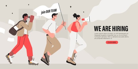 Vector illustration of company searching new employee or worker. Concept of join us, freelance job or we are hiring for banner, flyer, landing page. Group of office workers shouting in loud speaker.