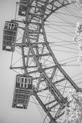 Foto en blanco y negro  de la famosa noria del parque de atracciones Prater  en Viena.