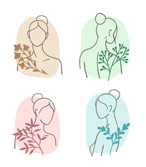 Vector set of design icons and illustrations in minimal linear style - female faces and flowers for  beauty and cosmetics, fashion concept. Girl'd heads with branches in color spots.