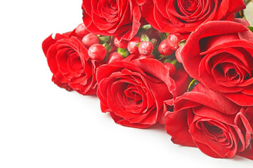 Beautiful bouquet of roses on table close-up