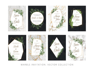 Elegant Wedding floral invitation, thank you modern card: ruscus italian wreath on white and black marble texture with a golden geometric pattern. A big luxury set wedding cards.