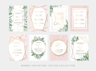 Elegant Wedding floral invitation, thank you modern card: ruscus italian wreath, rosemary, eucalyptus branches on white and pink marble texture with a golden geometric pattern. A big luxury set.