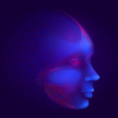 Cyber robotic human face consisting of lines, mesh and polygons. Futuristic digital artificial intelligence or facial recognition vector illustration with android virtual head on dark blue background