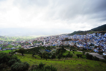 Obraz premium Panoramic view of Chefchaouen, a blue village in the Rif Mountains, Morocco