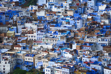 Aerial close up of the unique blue Medina of Chefchaouen in the Rif Mountains, Morocco
