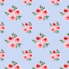 seamless pattern of a composition of pink roses drawn in watercolors on a blue background