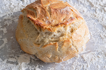 Rustic white bread, baked in a cast iron dutch oven, on a pastry marble with flour using natural light