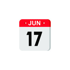 June 17 - Calendar Icon. Summer days of the year. Calendar Icon with shadow. Flat style. Date, day and month. Reminder. Vector illustration. Organizer application, app symbol. Ui. User interface sign.