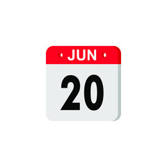 June 20 - Calendar Icon. Summer days of the year. Calendar Icon with shadow. Flat style. Date, day and month. Reminder. Vector illustration. Organizer application, app symbol. Ui. User interface sign.