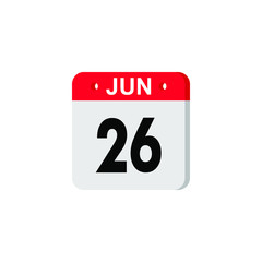 June 26 - Calendar Icon. Summer days of the year. Calendar Icon with shadow. Flat style. Date, day and month. Reminder. Vector illustration. Organizer application, app symbol. Ui. User interface sign.