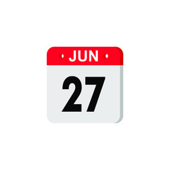 June 27 - Calendar Icon. Summer days of the year. Calendar Icon with shadow. Flat style. Date, day and month. Reminder. Vector illustration. Organizer application, app symbol. Ui. User interface sign.