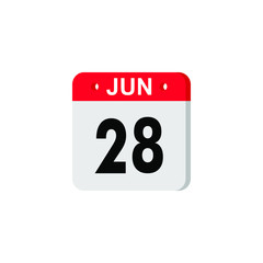 June 28 - Calendar Icon. Summer days of the year. Calendar Icon with shadow. Flat style. Date, day and month. Reminder. Vector illustration. Organizer application, app symbol. Ui. User interface sign.