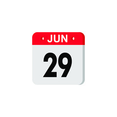 June 29 - Calendar Icon. Summer days of the year. Calendar Icon with shadow. Flat style. Date, day and month. Reminder. Vector illustration. Organizer application, app symbol. Ui. User interface sign.