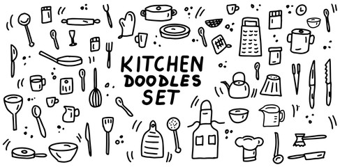 Kitchen doodles icon set. Hand drawn lines kitchen cooking tools and appliances, kitchenware, utensil cartoon icons collection. Vector illustration.