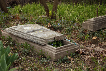 old tombstone on a grave in a cemetery